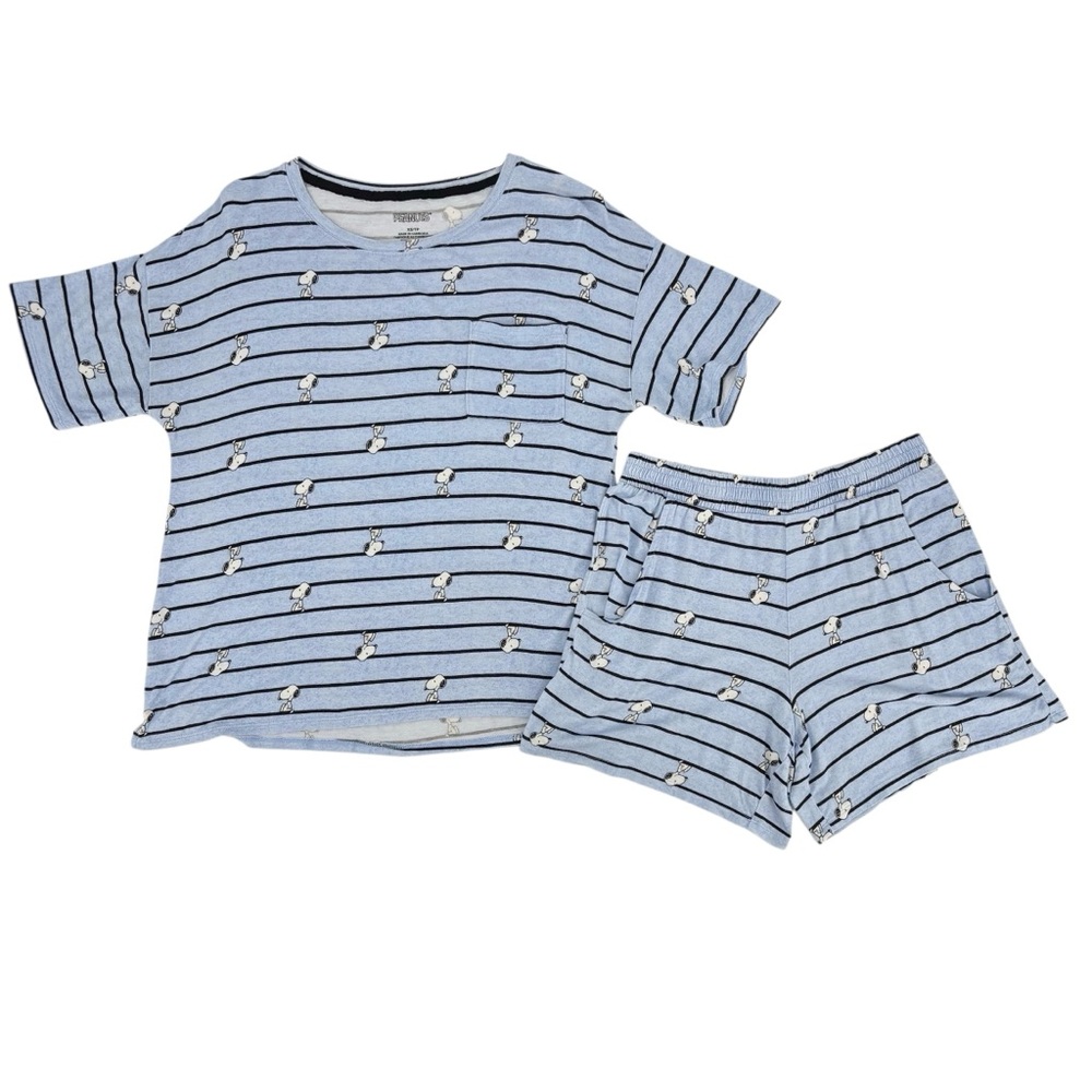 Peanuts Light Blue and Black Striped Snoopy Soft Pajama Top and Shorts Set, XS
